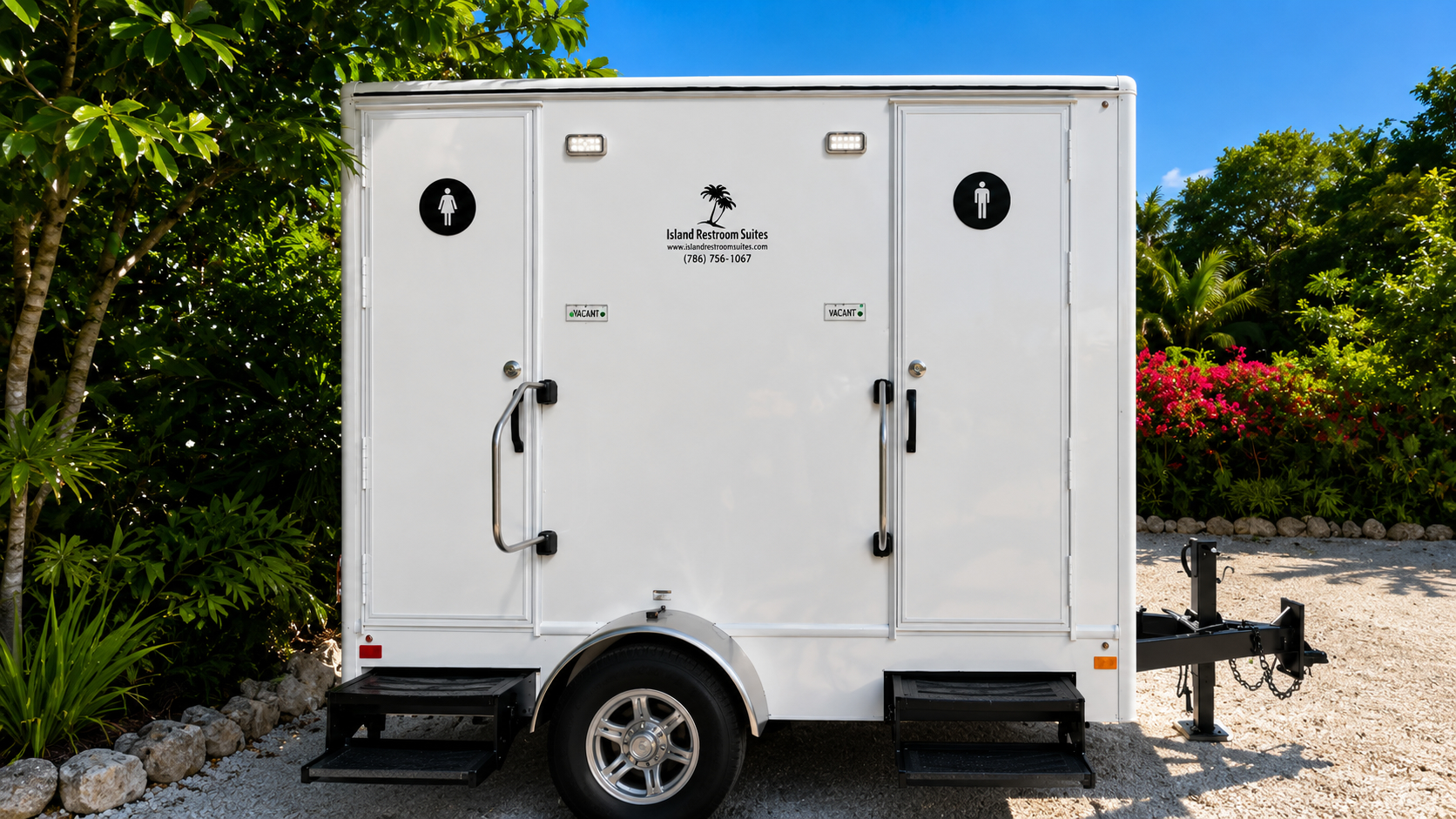 Signature Island 2-stall portable restroom trailer rental for events in South Florida and the Florida Keys