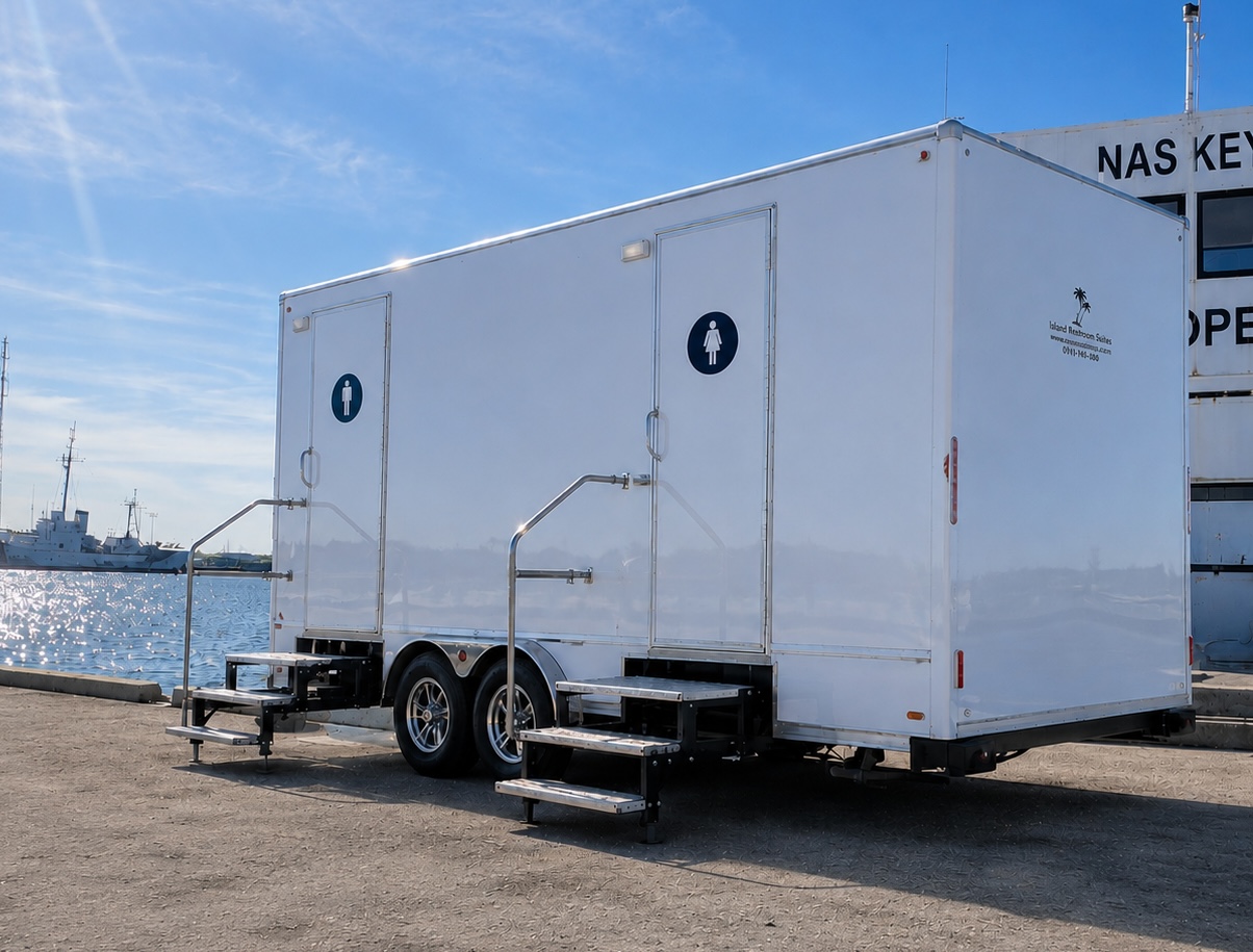 "8-stall portable restroom trailer rental for large events in South Florida and the Florida