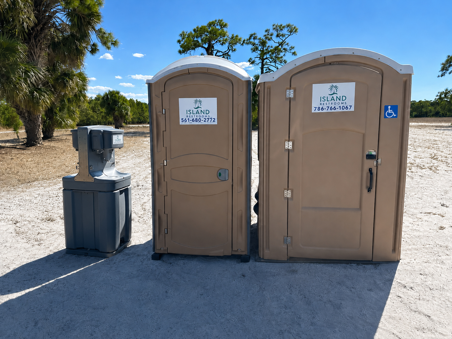 Portable toilet: "Commercial portable toilet rental for job sites in South Florida and the Florida Keys" ADA unit: "ADA-accessible portable restroom rental for commercial sites in South Florida and the Florida Keys" Handwashing station: "Portable handwashing station rental with foot pump for job sites in South Florida and the Florida Keys"